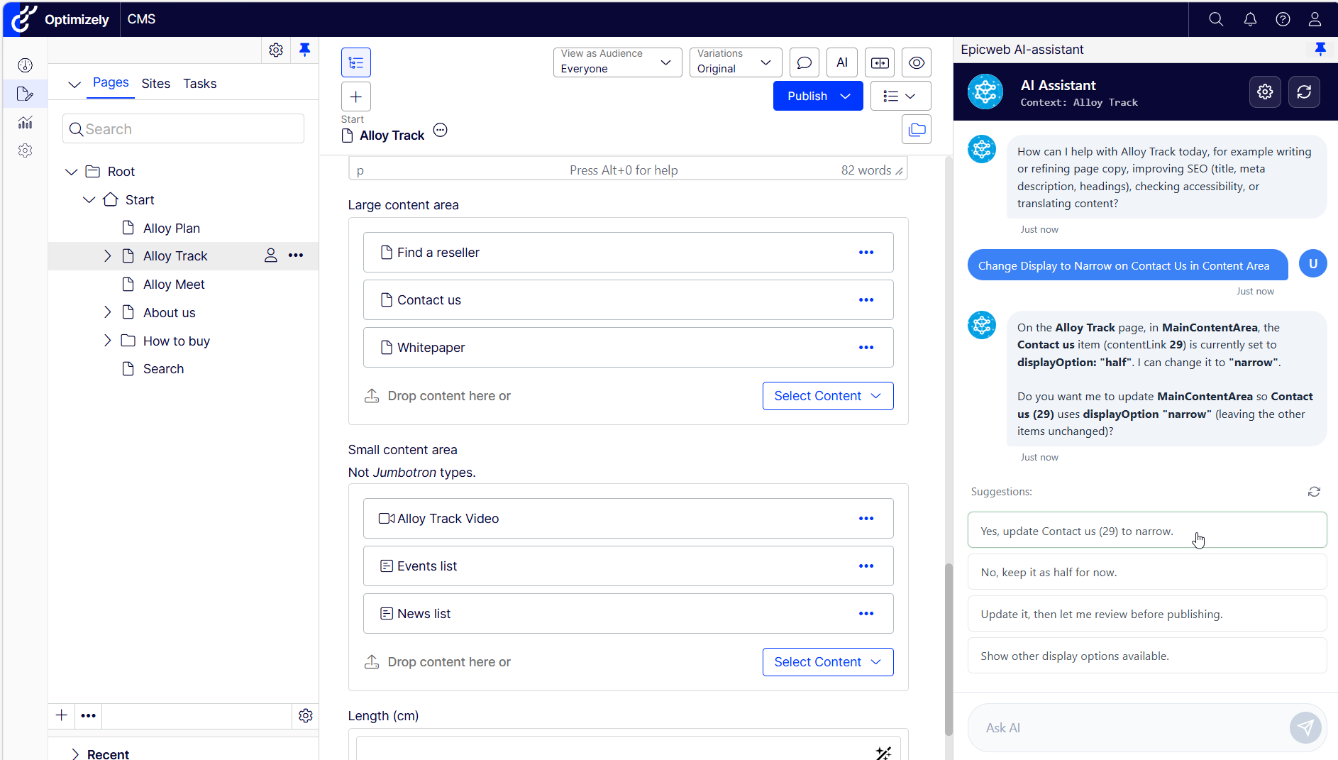 Optimizely CMS editor showing Alloy Track page content blocks and an AI assistant suggesting a display change.