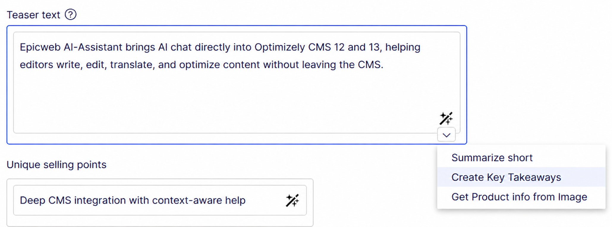 CMS form with teaser text and unique selling points fields, plus an AI dropdown menu with writing options.