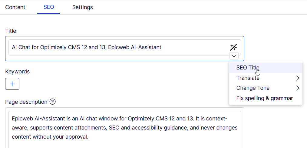SEO tab open in a CMS editor, showing title and page description fields with an AI assistant menu expanded.