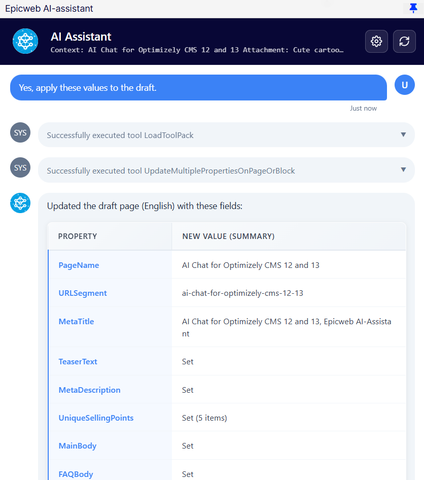 A digital interface showing an AI assistant updating CMS properties with various fields and statuses.